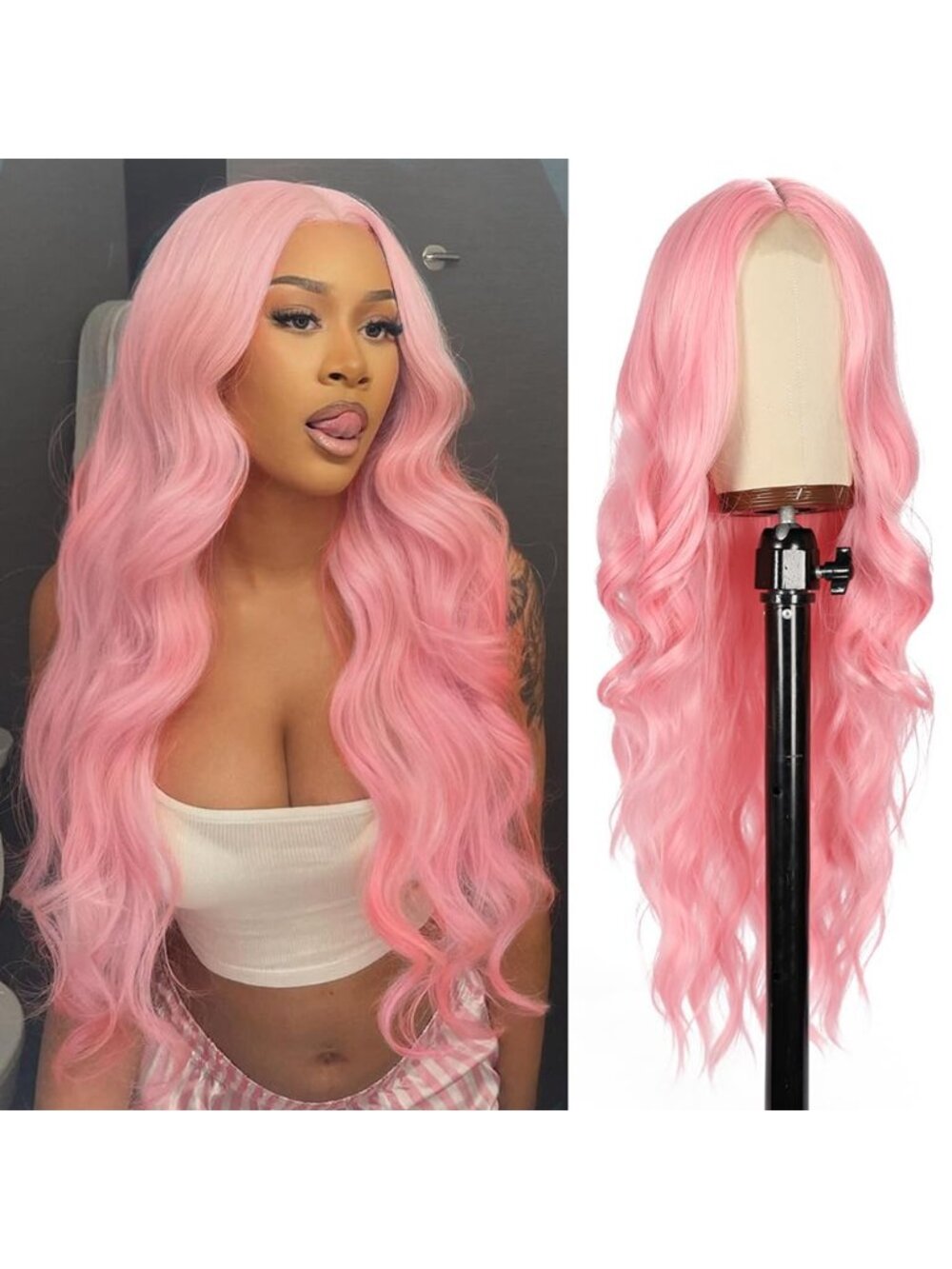 26 Inch Women's Pink Long Wavy Curly Hair Wig Halloween Cosplay